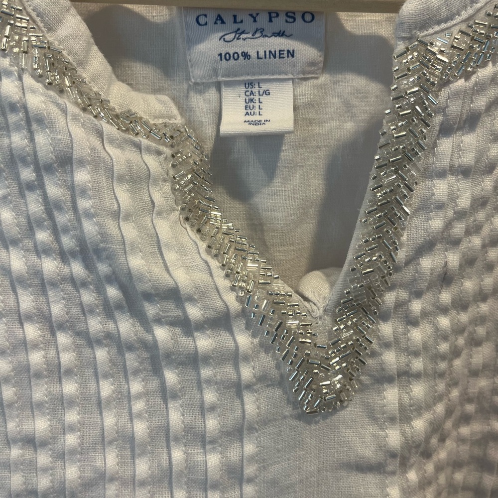 Calypso St. Barth Silver-Trimmed White Linen Shirt - Picture 5 of 10